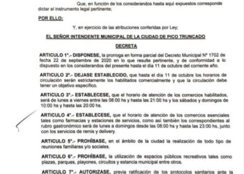 El Ejecutivo Municipal prorrogó hasta el 11 de octubre la cuarentena en Pico Truncado