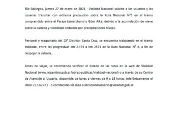 TRANSITAR CON EXTREMA PRECAUCIÓN RN 3 TRAMO LEMARCHAND- GÜER AIKE