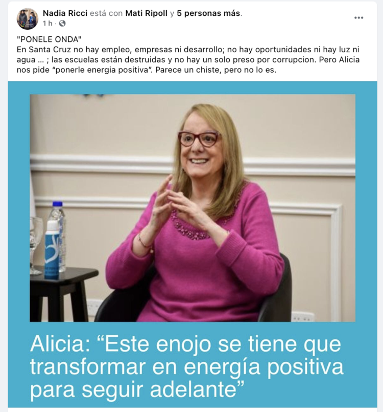 RICCI CUESTIONÓ A ALICIA: LAMENTÒ LA FALTA DE AUTOCRÍTICA Y DIJO QUE SANTA CRUZ DIO UN MENSAJE CLARO EN LAS URNAS