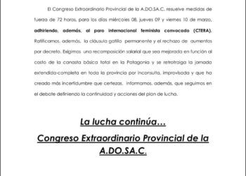 ADOSAC continúa la lucha con un paro de 73 hs