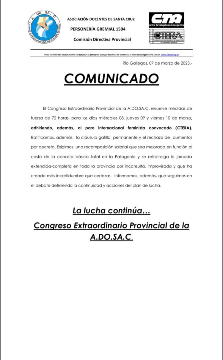 ADOSAC continúa la lucha con un paro de 73 hs