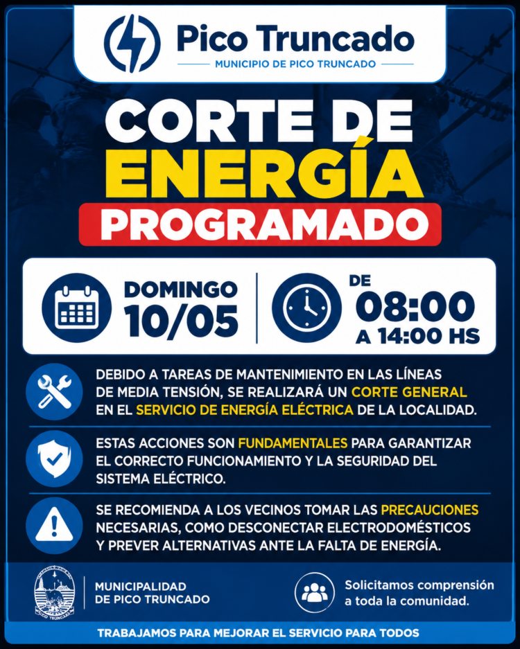 PICO TRUNCADO: CORTE DE ENERGÍA PROGRAMADO PARA ESTE DOMINGO DE 08 A 14 HS