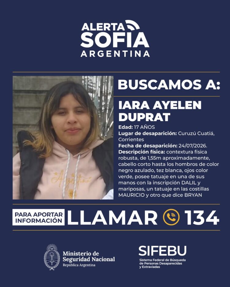 ALERTA SOFÎA: Estamos buscando a Iara Ayelén Duprat